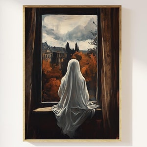 Geist wacht über Herbststadt Kunstdruck | launige Edinburgh Architektur, dunkle Universität, gruselige Cottagecore Romantik Kunst, Geistermalerei