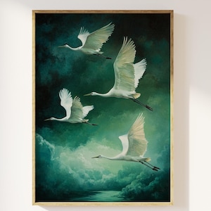 Grúas en vuelo, impresión artística japonesa / arte verde esmeralda japonés y escandinavo atemporal, grullas volando, elegantes pájaros atemporales volando