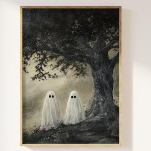 Gespenster unter Eiche Kunstdruck | launige dunkle Academia, verwunschener Wald, gespenstische Freunde, mystische Geister, Vintage-Kunst, Geisterdruck