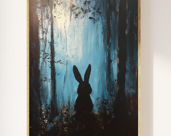 Lonely rabbit in the moody woodland wall art print | dark academia, gloomy night time aesthetic art, creepy bunny, dark folk cottagecore art