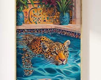 Leopard swimming in pool eclectic art print | maximalist leopard decor, moroccan tiles, vacation, fun altered animal poster, bathroom art