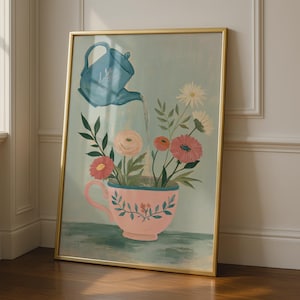 Blommig väggkonst för tekanna och tekopp, botanisk väggdekor, konst för kök och matsal, rustikt landsbygdshemtryck med blommotiv från Cottagecore