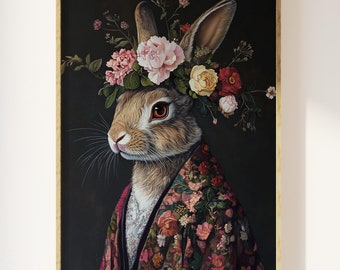 Puede incluir: Un conejo marrón con una corona de flores y una túnica de patrón floral rojo y rosa. El conejo está mirando hacia la izquierda de la imagen. El fondo es oscuro.