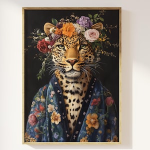マキシマリストの折衷的なファッショニスタのヒョウのアートプリント | 大胆な動物の肖像画、改変された動物の肖像画、楽しくカラフルで花の咲くヴィンテージの花のアート