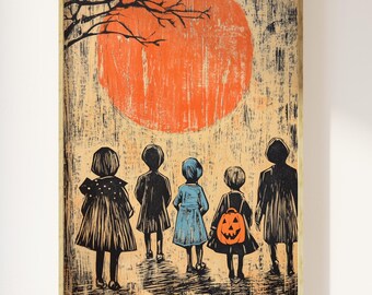 Vintage trick or treaters PRINTABLE digital print | halloween magic, vintage trick or treat poster, creepy vintage art, full moon Halloween