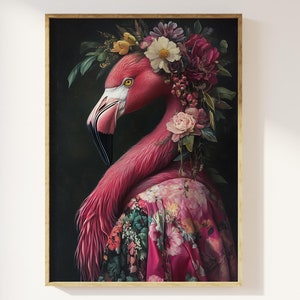 Maximalist eclectic fashionista flamingo art print | Bold animal portrait, altered animal portrait, fun colourful, flowery vintage floral