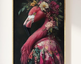 Maximalist eclectic fashionista flamingo art print | Bold animal portrait, altered animal portrait, fun colourful, flowery vintage floral
