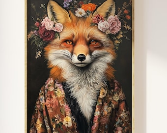 Puede incluir: Una impresión artística enmarcada que presenta un zorro con pelaje naranja, una corona floral y una chaqueta estampada. La obra de arte tiene un fondo oscuro y un marco dorado, creando una estética vintage. Los ojos del zorro son de un naranja llamativo.
