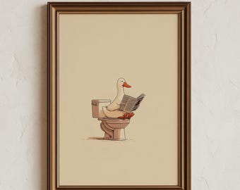 Duck Reading Newspaper On Toilet Art Print | Funny Animal Bathroom Poster, Cute Minimalist Bathroom Humour, En Suite Art (Digital Download)