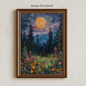 Mond über Wildblumen Druck | Cottagecore Poster, Vollmond über Waldland, mystisch verzauberte Kunst, Mond und Blumen