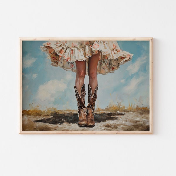 Feminine 1950s aesthetic vintage farmhouse cowgirl art print |  retro preppy floaty dress,  florals, cowgirl boots, western, ranch, trendy