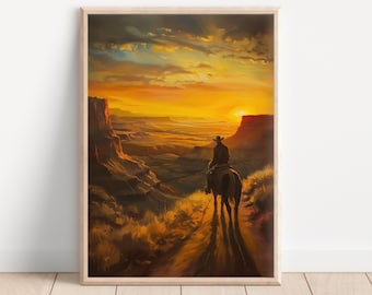 Cowboy riding at sunset PRINTABLE vintage style digital print | Cowboy riding horse, sunset in the desert, the old west western ranch poster