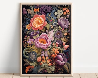 Moody floral William Morris style PRINTABLE vintage style digital print | Vibrant flowers, moody cottagecore, Victorian flower tapestry art