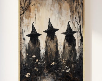 Witches coven PRINTABLE moody vintage digital print | halloween mystical celestial art, enchanted witches coven, coven oil painting, gloomy