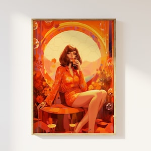 Impresión artística de una mujer en una fiesta con estilo de los años 70 / Estética de estilo de los años 70, arte de moda de los años 70, mujer de los años 70, bola de discoteca con cócteles, póster con paleta de colores cálidos