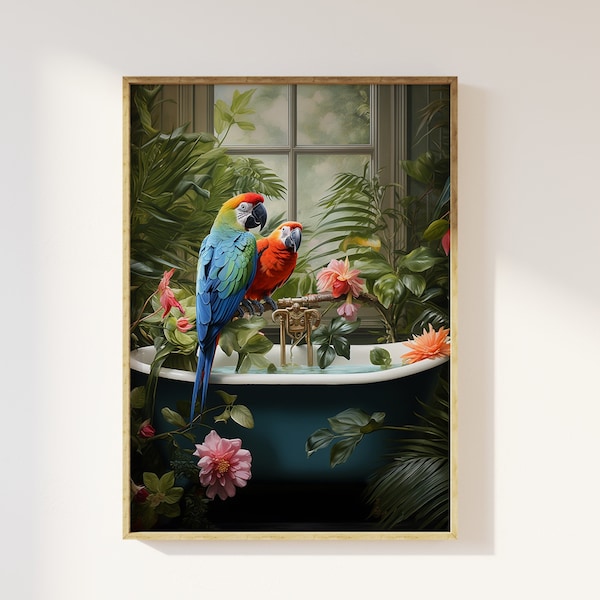 Parrot in jungle bathroom art print | Parrot on rolltop victorian bath, bathroom wall art, foliage botanical plants, maximalist retro parrot