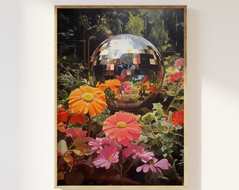 Disco ball amongst the colourful flowers art print | Disco ball mirrorball, 60s 70s style colourful flower aesthetic retro funky bold floral