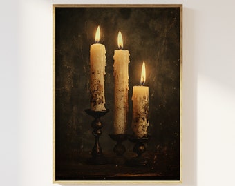 Three flickering candles moody vintage art print | Nostalgia, dark academia, gloomy night time cosy aesthetic art, antique candlesticks art