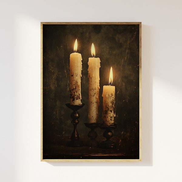 Three flickering candles moody vintage art print | Nostalgia, dark academia, gloomy night time cosy aesthetic art, antique candlesticks art