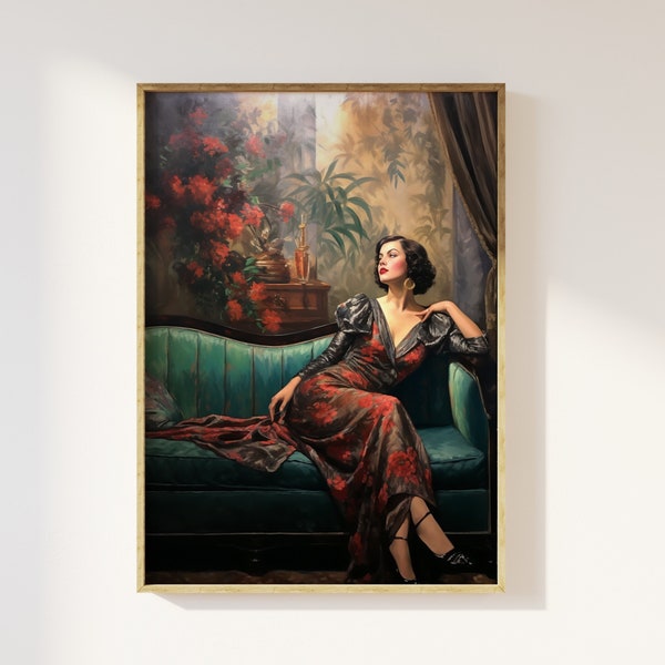 Femme glamour des années 30 sur un canapé, impression d'art de style vintage | Art féminin vintage des années 30, mode des années 30, Hollywood, art déco jazz élégance luxe