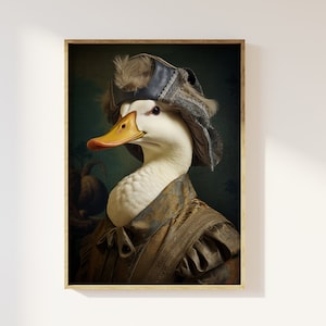 Impresión artística de retrato de animal renacentista de pato: pintura al óleo, retrato de animal de estilo vintage, póster de cabeza de animal, arte alterado maximalista divertido