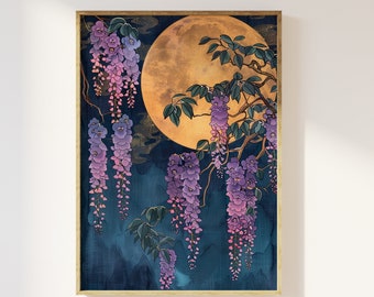 Full moon and wisteria art print | floral whimsical moon art, moon trees nature bedroom art, enchanted midnight cottagecore wisteria flowers