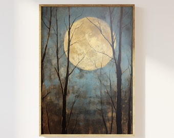 Vintage full moon through the trees art print | peaceful night time moon aesthetic, cosy forest, dark academia, nostalgia, gloomy moody art
