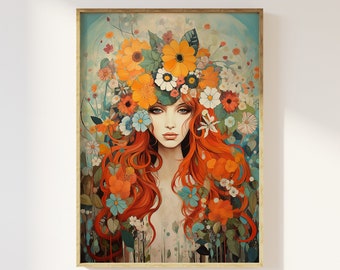 1960s bohemian style woman and flowers art print | 60s style aesthetic, 60s fashion art retro flower power, 60s retro boho flower wall art