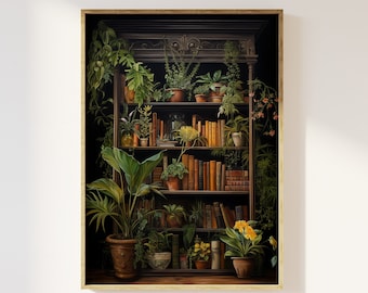 Dark academia bookcase and plants art print | moody enchanting literature, dark romantic, victorian vintage library, foliage, nostalgic art