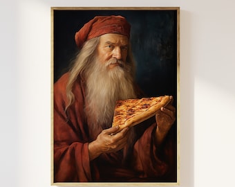 May include: A painting of a man with a long white beard wearing a red robe and holding a slice of pizza.