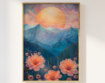 Sunset behind mountains and flowers art print | sun setting, dusk, florals flowers, enchanted magical scene, cottagecore nature landscape