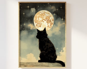 Full moon and black cat vintage style art print | Mystical celestial, nostalgic, luna, magical halloween, vintage retro art, romanticism