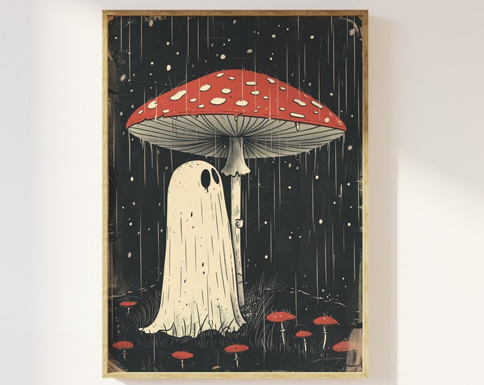 Cute cottagecore ghost and mushroom print | cute spooky ghost mushroom, dark academia, moody rainy day, whimsigoth, retro ghost, witchy art