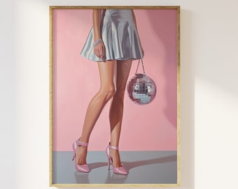 Pink heels and disco ball bag glamourous wall art print | Disco, glam fashion, legs and high heels, fashion, pink feminine, feminist, girly