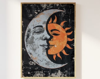 Sun and moon with faces abstract art print | Sun and moon celestial art print, sun moon romance, mystical ethereal sun moon, bedroom art,