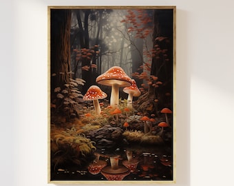 Moody mushrooms in woodland art print | Nostalgia, dark academia, spooky cottagecore, woodland nature, magical poster, romanticism, gloomy