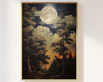 Vintage full moon through the trees art print | Nostalgia, dark academia, gloomy night time cosy aesthetic, moonlight, woodland, celestial