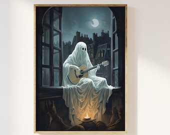 Ghost playing guitar under the moon art print | Nostalgia, dark academia, spooky cottagecore, open window moonlight, romanticism, Halloween