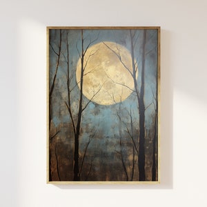 pleine lune vintage à travers les arbres impression d’art | esthétique de la lune nocturne paisible, forêt confortable, université sombre, nostalgie, art sombre et maussade