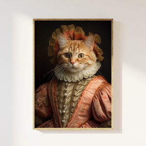 K&ouml;nnte beinhalten: Eine rotbraune Katze, die ein rosa und goldenes, gerafftes Kleid mit passendem Kopfschmuck tr&auml;gt. Die Katze schaut direkt auf den Betrachter.
