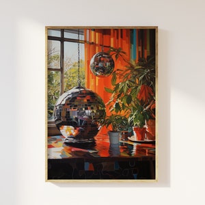 Impresión artística de bola de discoteca interior estilo años 70 / Bola de discoteca, bola de espejos, estética de estilo años 70, decoración del hogar, póster de arte retro, colores de los años 70, vintage