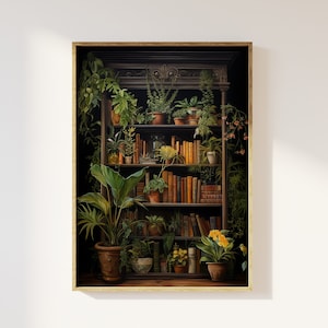 Libreria accademica scura e stampa artistica di piante / letteratura incantevole e malinconica, biblioteca vintage vittoriana romantica e oscura, fogliame, arte nostalgica