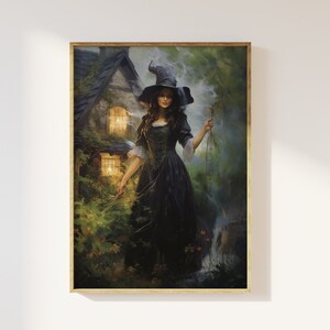 Beautiful witch outside cottage art print | Magical ethereal mystical witch, cottagecore witch in forest, romanticism autumnal floral woods