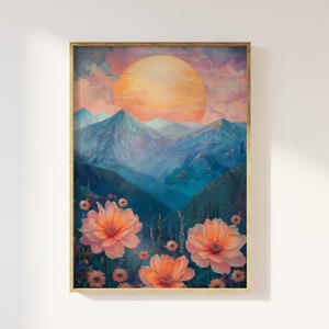 Sunset behind mountains and flowers art print | sun setting, dusk, florals flowers, enchanted magical scene, cottagecore nature landscape
