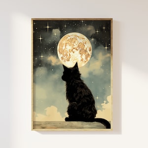 満月と黒猫のビンテージ スタイルのアート プリント | 神秘的な天体、ノスタルジック、月、魔法のハロウィーン、ビンテージ レトロ アート、ロマン主義