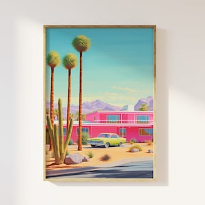 Retro buntes Wüstenreiseplakat | Retro motel, retro amerikanisches Auto, Kaktus, knalliges pink, Retro Pastellwüste, 90er Jahre Pop Poster