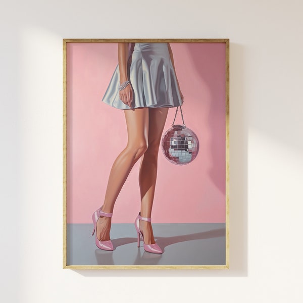 Pink heels and disco ball bag glamourous wall art print | Disco, glam fashion, legs and high heels, fashion, pink feminine, feminist, girly