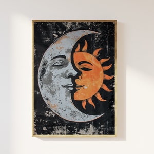 Sun and moon with faces abstract art print | Sun and moon celestial art print, sun moon romance, mystical ethereal sun moon, bedroom art,
