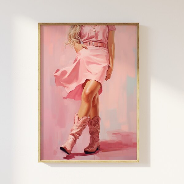 Pink cowgirl boots oil painting art print - preppy cowgirl, trendy, cowgirl cowboy boots, cute pastel pink aesthetic, country and western