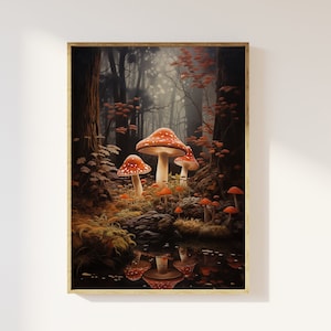 Impresión artística de hongos melancólicos en el bosque / Nostalgia, academia oscura, cottagecore espeluznante, naturaleza del bosque, póster mágico, romanticismo, sombrío